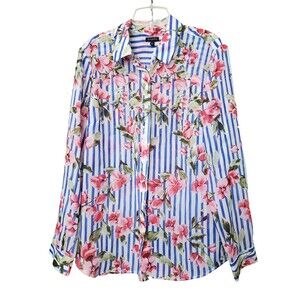 Talbots Floral Striped Semi-Sheer Long Sleeve Button-Up Shirt Size Large